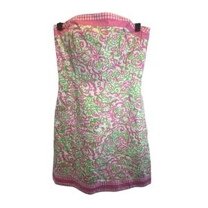 Lilly Pulitzer Sienna Strapless Dress Peanut Island Pink Green Gingham Trim SZ 6
